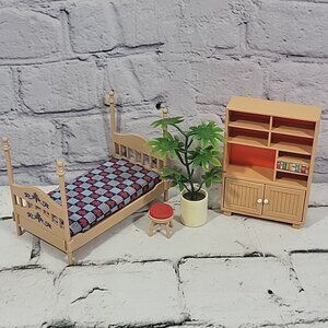Vintage TOMY Smaller Homes Dollhouse Furniture Lot Twin Bed House Plant Bookcase